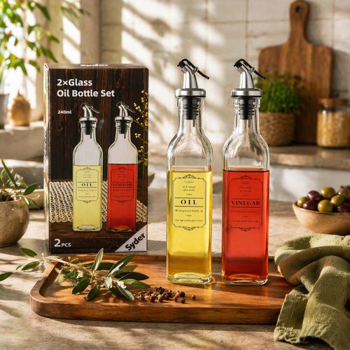 Set 2 Bouteilles Huile & Vinaigre en Verre 240ml – Distributeur Anti-Goutte Inox – Design Élégant Cuisine