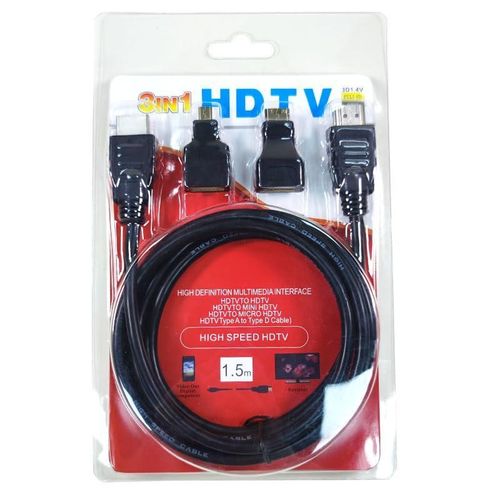 Câble HDMI 3 en 1 1,5m, Haute Vitesse HDMI 1.4 Adaptateur HDMI avec Adaptateurs Mini HDMI & Micro HDMI, Connecteurs Dorés pour TV HD, Projecteur, Appareil Photo