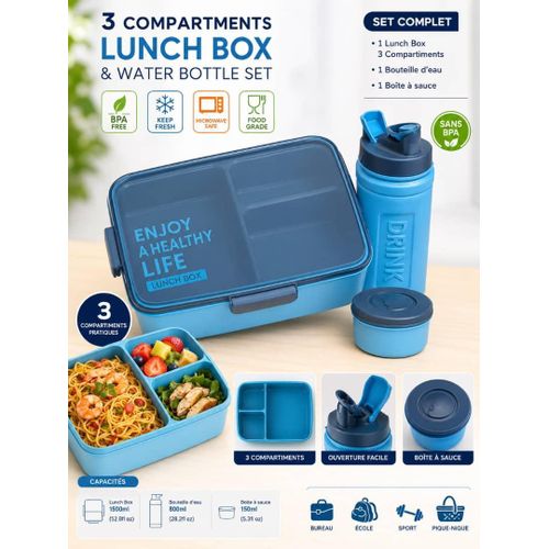 Set Lunch Box 3 Compartiments avec Bouteille et Boîte à Sauce