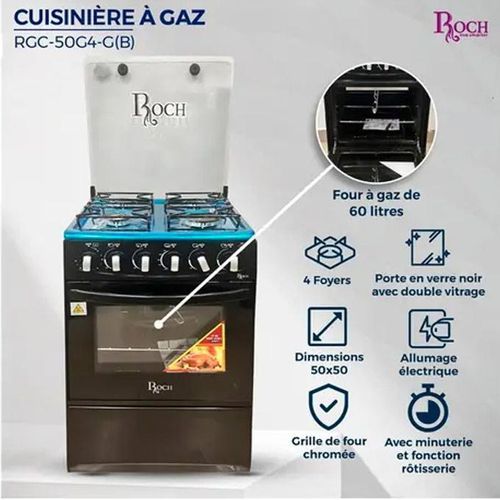 Gazinière 50x50 - 4 Feux - Automatique - Full Option - RGC-50G4S-G(B) - Noir - 6 mois Garantie