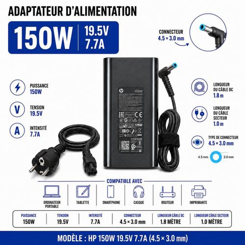 Chargeur 150W, 19,5V 7,7A, Pour Pc connecteur Dc 4,5 × 3,0 mm