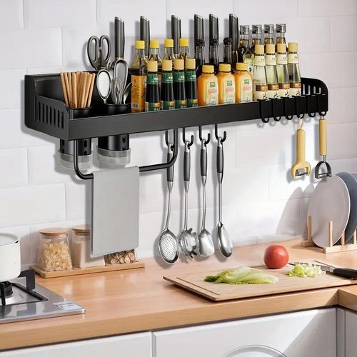 Étagère à épices murale de 60 cm, installation sans perçage, avec 10 crochets pour accrocher au mur, adaptée pour ranger 2 tasses d'épices - Noir
