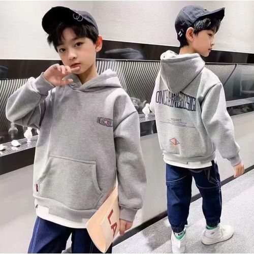 Sweatshirt gris garçon à manches longues, épaule tombante, pull à capuche