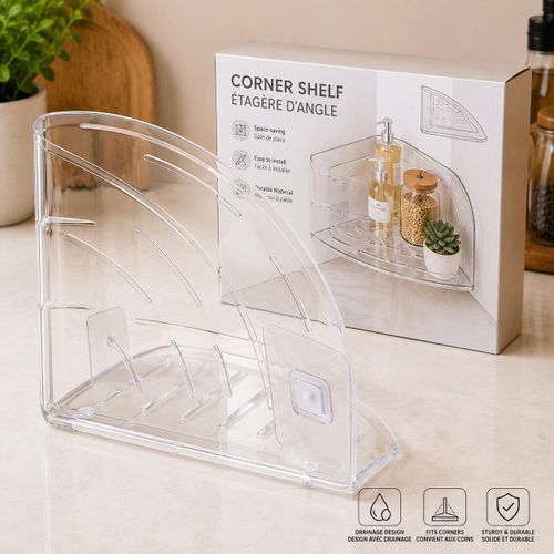 Étagère d’Angle Murale Transparente – Organisateur de Salle de Bain et Cuisine – Support de Rangement avec Drainage Intégré – Gain de Place et Installation Facile