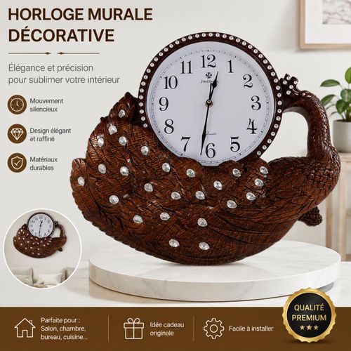 Horloge Murale Décorative Design Paon avec Strass - Élégance et Précision