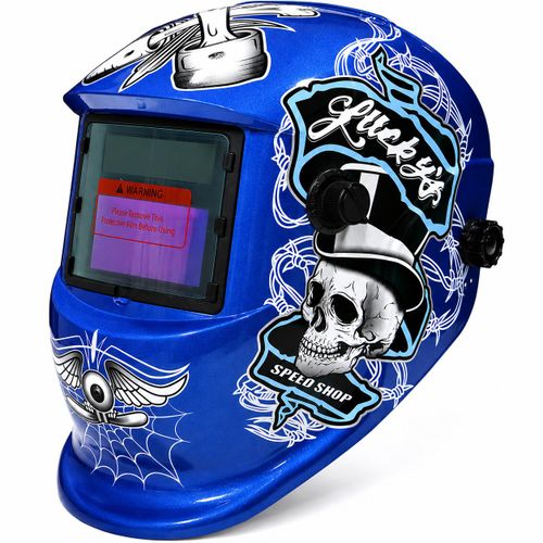 Casque de Soudage Auto-Assombrissant, Masque de Soudure Réglable avec Écran de Protection, Design Bleu Motif Skull, Casque de Soudeur pour Travaux de Soudage