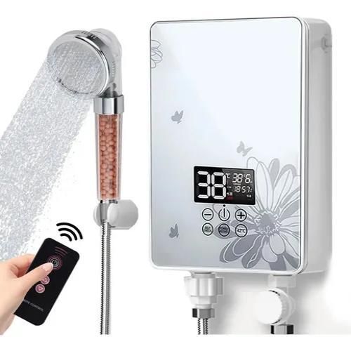 Chauffe-eau électrique instantané avec pommeau de douche et télécommande, réglage tactile de la température, chauffe-eau domestique, convient aux salles de bains et aux cuisines.