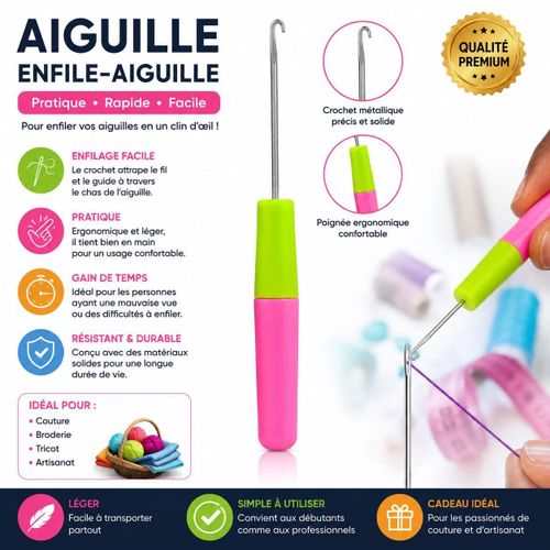 enfile-aiguille à crochet métallique avec une poignée ergonomique bicolore rose et verte
