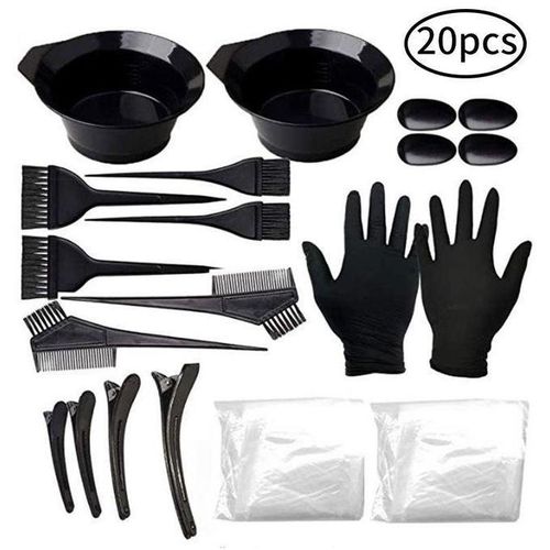 Ensemble d'outils de teinture capillaire 20 pièces, peigne, bonnet de douche jetable, gants en latex, bol de teinture capillaire-noir