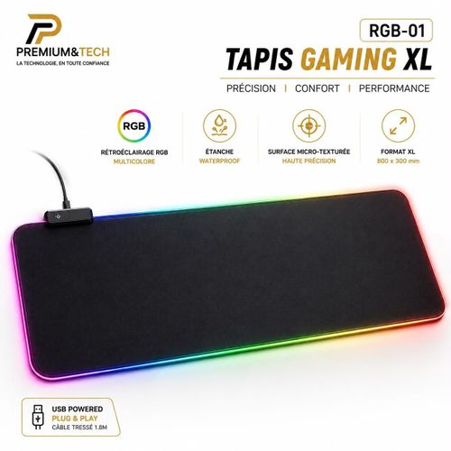 Tapis de Souris Gaming XL RGB - Grand Tapis Imperméable XXL avec Rétroéclairage LED Multicolore et Base Antidérapante - Noir