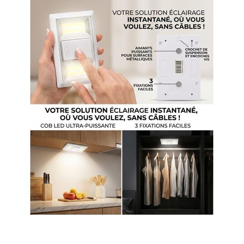 Pack de 5 Lampes Murales LED COB - Interrupteur Sans Fil - Eclairage Instantané Magnétique et Adhésif