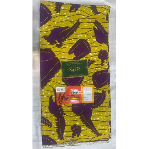 Pagne GTP NuStyle Authentique - Imprimé Africain Garanti - Jaune Moutarde & Violet - 6 Yards