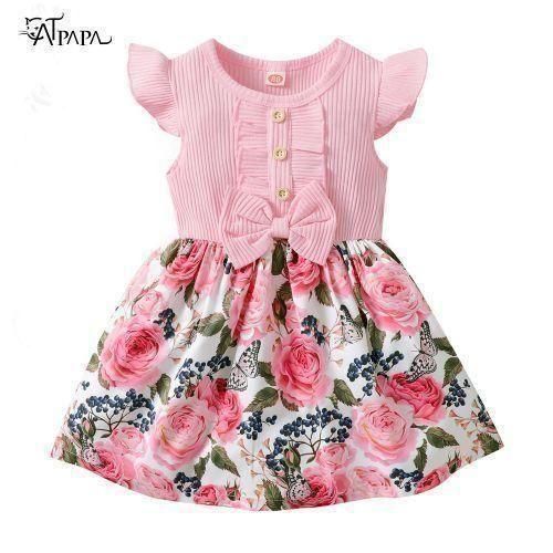 Robe en coton à manches flottantes imprimée fleurs pour filles de 1 à 5 ans