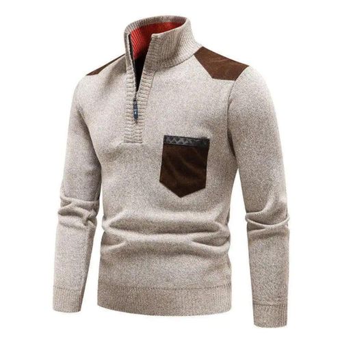 Pull Homme Col Montant Zippé – Beige clair avec détails marron foncé