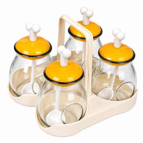 Ensemble de 4 Pots à Épices en Verre 300 ml avec Cuillères Intégrées et Support – Bocaux à Condiments avec Couvercles Hermétiques – Pour Sel, Sucre, Épices et Assaisonnements