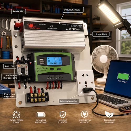 Kit Solaire Complet Pré-Câblé sur Tableau – Convertisseur Himastar 2000W 12V/220V + Régulateur de Charge 30A avec Disjoncteur, Prise Universelle & Ports USB pour Maison & Camping