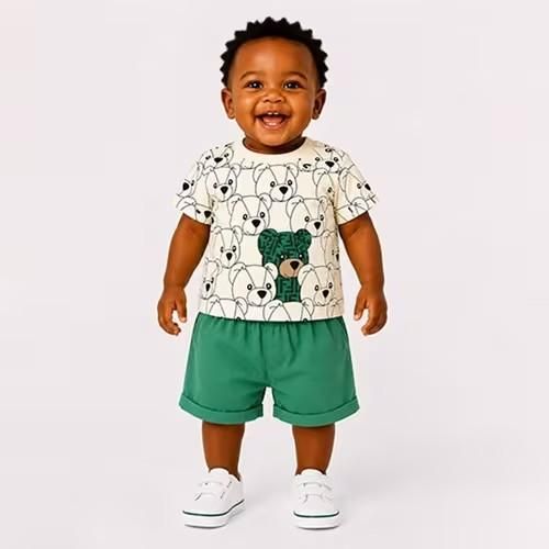 Ensemble coton garçon – motif nounours (6 à 12 mois) - Vert Clair