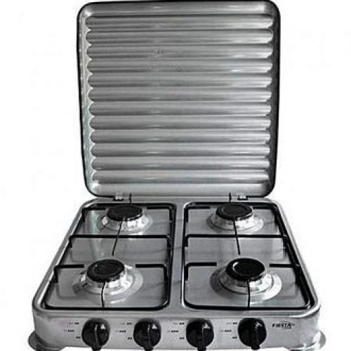 Cuisinière De Table 4 Feux Avec Couvercle Strié En Inox - Blanc