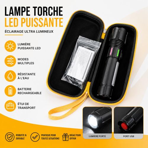 Lampe Torche LED Puissante Rechargeable – Multifonction avec Étui de Transport