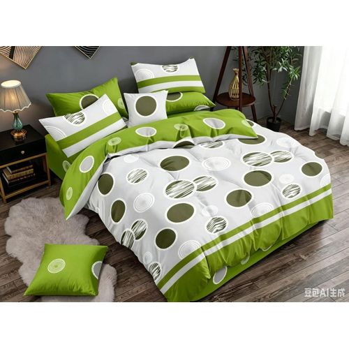 Parure de Lit 2 Draps + 2 Taies d’oreiller, Motif Cercles Vert et Blanc, Chambre Familiale Confortable, Style Moderne