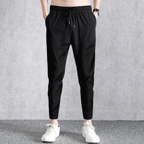 Pantalon d'été long en soie glacée fine et extensible décontracté pour hommes, coupe ajustée sport, grande taille, jambe droite coupée