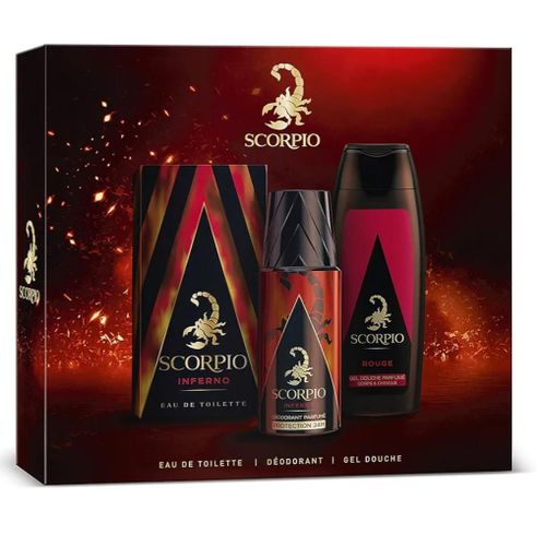 SCORPIO - Coffret 3 Produit Inferno - Coffret Cadeau Homme - Eau De Toilette 75ml, Gel Douche Corps et Cheveux 250ml et Déodorant 150ml Importé De France