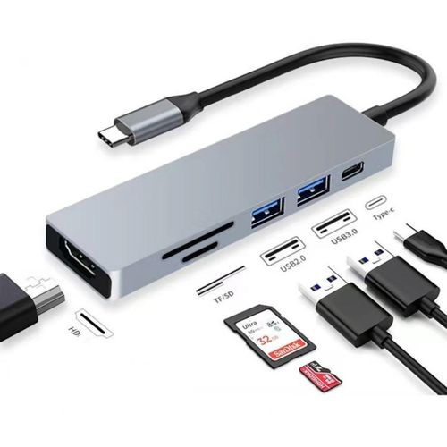 Hub USB Type-C 6 en 1 en Alliage d’Aluminium – Adaptateur Multifonction HDMI USB 3.0 PD Charge Rapide