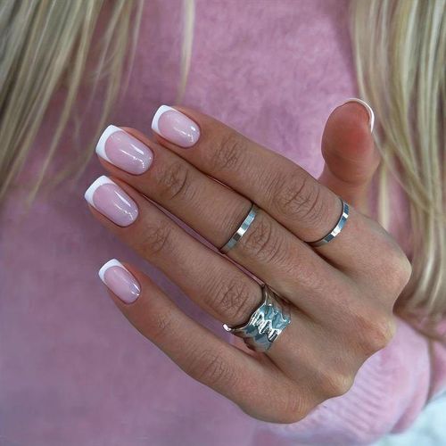24pcs Ongles artificiels roses, courts, carrés, bout blanc French avec colle, brillants, à coller intégralement