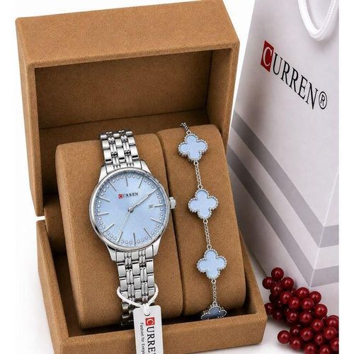 Montre dame Argent fond bleu en acier inoxydable + Bracelet offert