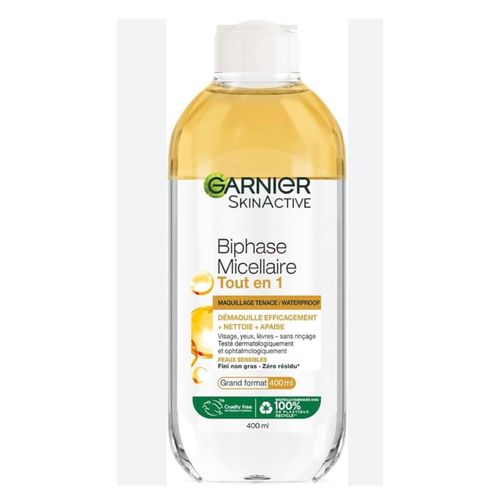 Eau micellaire biphase tout en 1 GARNIER nettoie + nourrit + démaquille même le spf visage yeux lèvres convient aux peaux sensibles 400ml