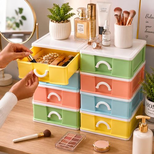Organisateur de Bureau 4 Tiroirs Multicolores – Boîte de Rangement Compacte pour Fournitures Scolaires, Maquillage, Bijoux, Accessoires et Articles de Bureau – Design Pastel Moderne