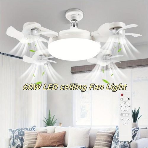 Plafonnier ventilateur à quatre têtes avec ampoules LED à culot E27, éclairage à intensité variable trois couleurs et télécommande.