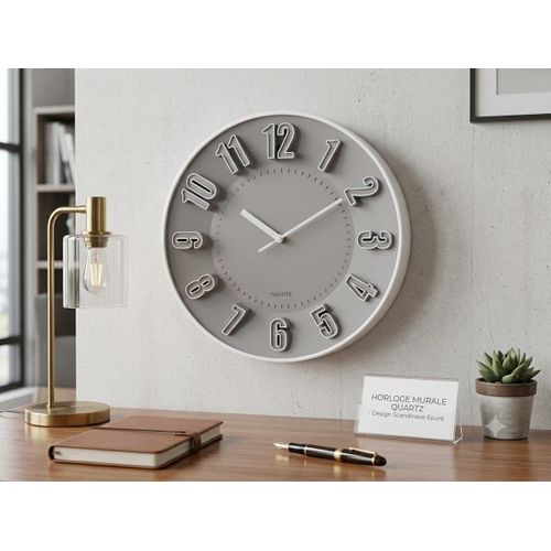 Horloge Murale Design Scandinave – Effet Relief 3D – Gris Épuré