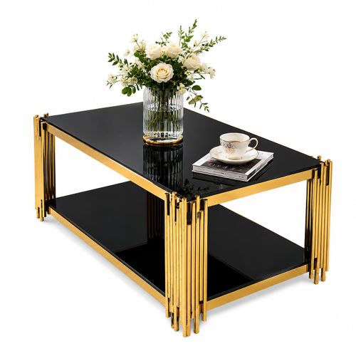 Table Basse Moderne 0037 – Verre Noir & Finition Dorée pour maison & bureau / NOIR