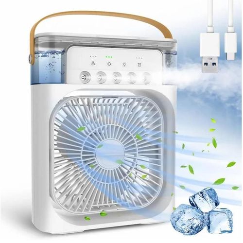 Ventilateur climatiseur portable, ventilateur humidificateur de bureau, ventilateur de bureau avec veilleuse sept couleurs USB - blanc