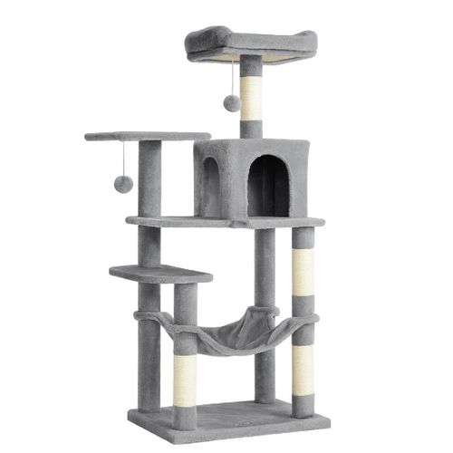 Grand arbre à chat avec hamac, niche et poteaux à griffer – Gris