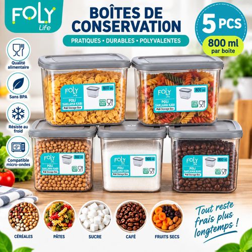 Lot de 5 Boîtes de Conservation Alimentaire Hermétiques – 800 ml – Réutilisables et Empilables