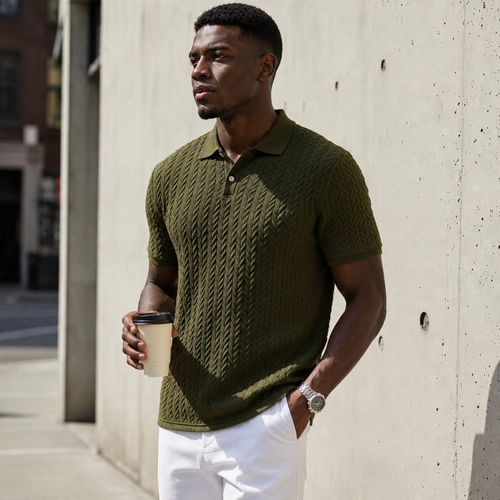 Polo homme texturé manches courtes – VERT – Coupe moderne et confortable