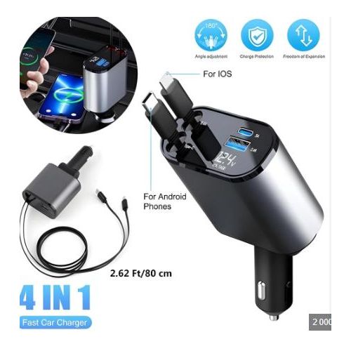 Chargeur de Voiture 4 en 1 – 20W avec Câbles Type-C Intégrés