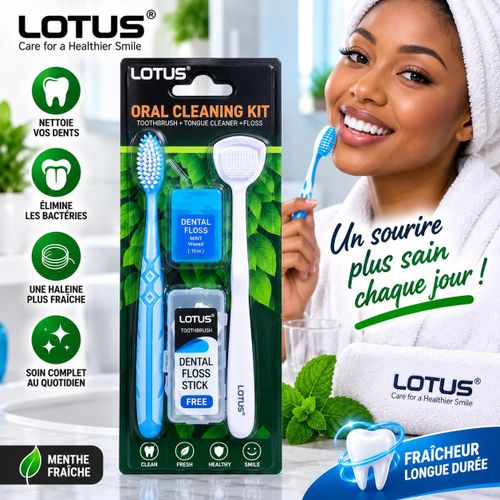 Kit Hygiène Bucco-Dentaire 4 Pièces avec Brosse à Dents, Nettoyeur de Langue, Fil Dentaire et Brosse Interdentaire