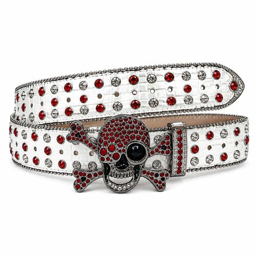 Ceinture Blanche à Tête de Mort Strassée - Boucle Tête de Mort en Cristaux Rouges, Style Punk