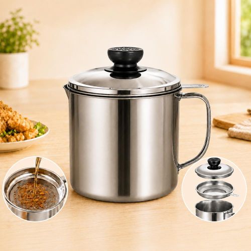 Pot Filtre à Huile 1,3L avec Filtre Fin et Couvercle en Acier Inoxydable