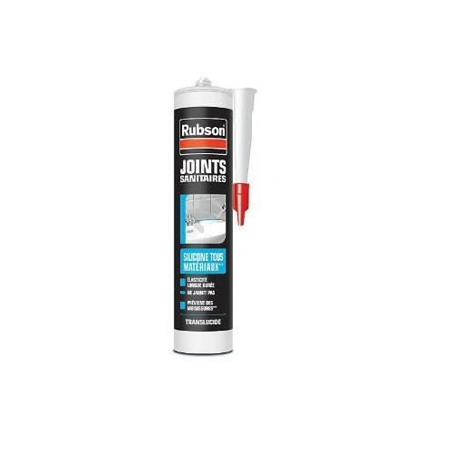RUBSON, mastic Sanitaire silicone tous materiaux translucide. Transparent, 280ml. Adhere sur émail, porcelaine, verre, grès, faïence. Etancheite douche, lavabo, baignoire, evier,mur carrelé. Import France