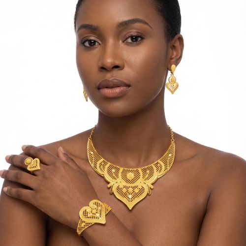 Ensemble de Bijoux Plaqué Or de Mariée Africaine pour Femmes - Collier, Boucles d'Oreilles, Bagues, Bracelet, pour Mariage et Soirée - Or