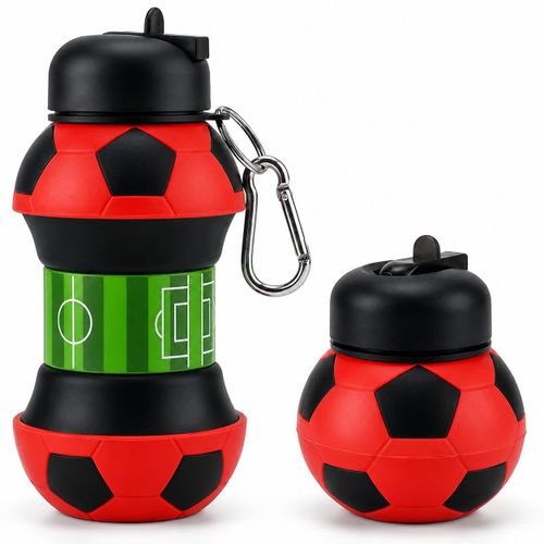 Gourde Rétractable Sport 530ml – Design Ballon de Football – Pliable – Avec Mousqueton – Portable - Rouge