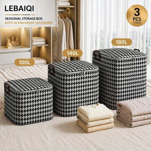 100L 140L 180L Trois boîtes de rangement ménagères extra-larges et épaisses, des bacs de rangement pour le linge et le linge de maison de grande capacité, avec des sacs anti-poussière et imperméables et des poignées à double fermeture éclair.