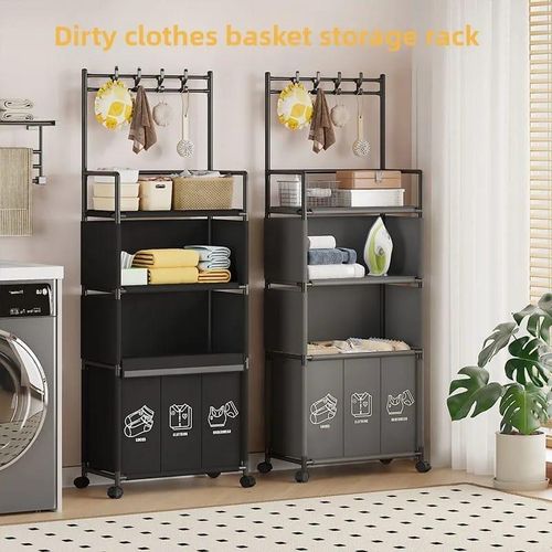 Portant à Vêtements Modulaire avec Panier à Linge Tri-Compartiment – Noir Mat