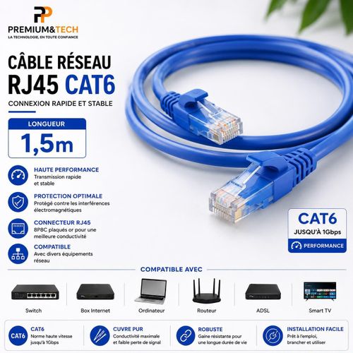 Câble Réseau Ethernet RJ45 Cat6 -LAN Haute Vitesse Jusqu'à 1Gbps en Cuivre Pur - Bleu, 1.5M
