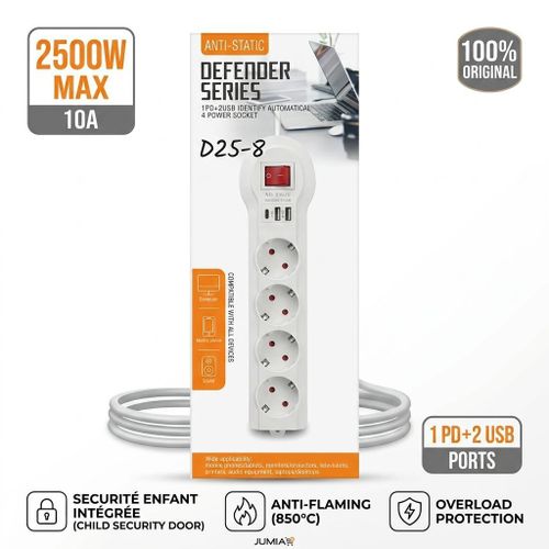 Defender Series - Rallonge Multiprise 4 Prises UE + 3 Ports USB / Type-C PD (D25-8) - Bloc Multi-Prises Anti-Statique 2500W Avec Interrupteur Général