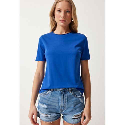 T-Shirt Basique En Maille Bleu À Col Rond Pour Femme UB00229